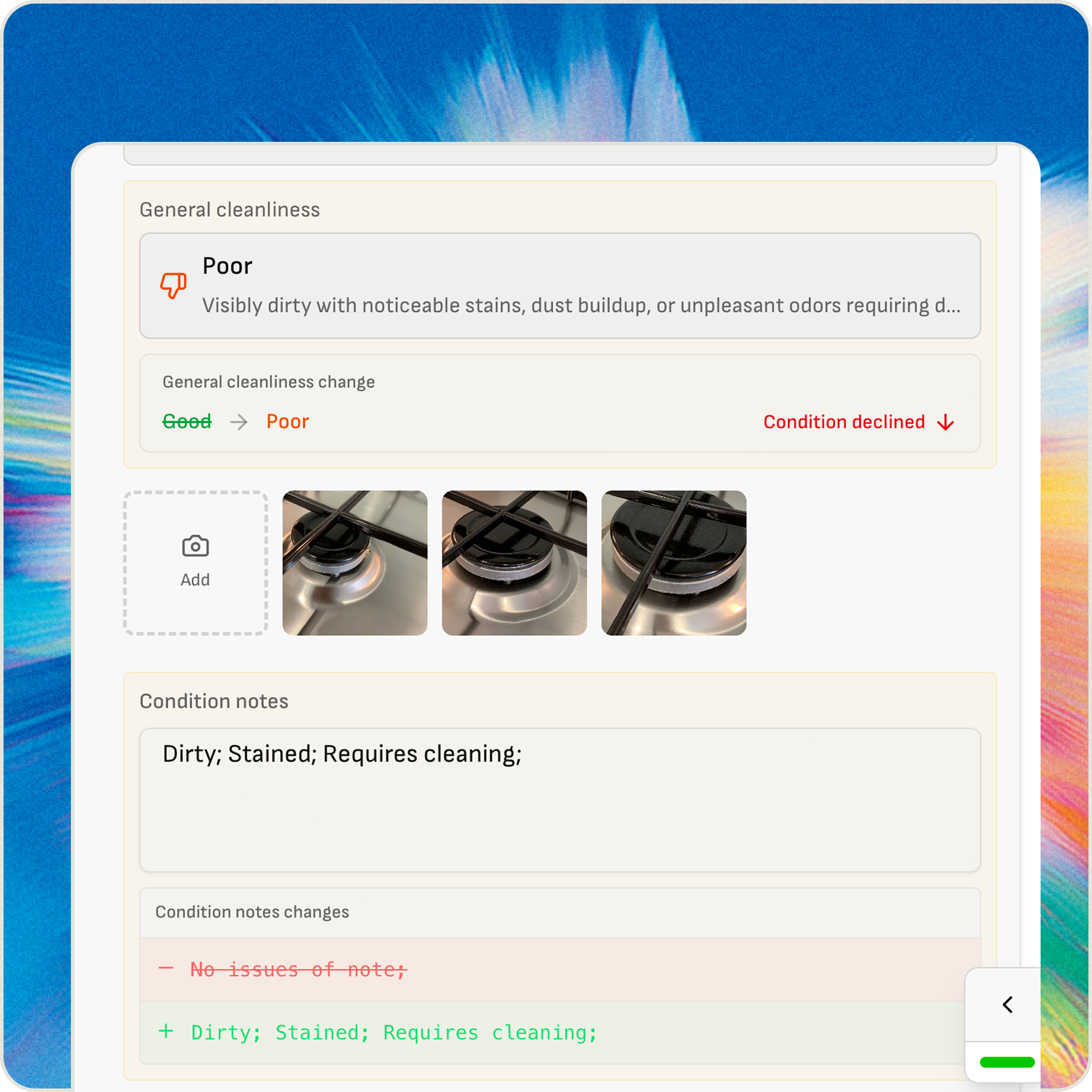 Wooma check-out inventory report screen showing automated check-in vs check-out comparison, damage responsibility assignment, and tenancy summary
