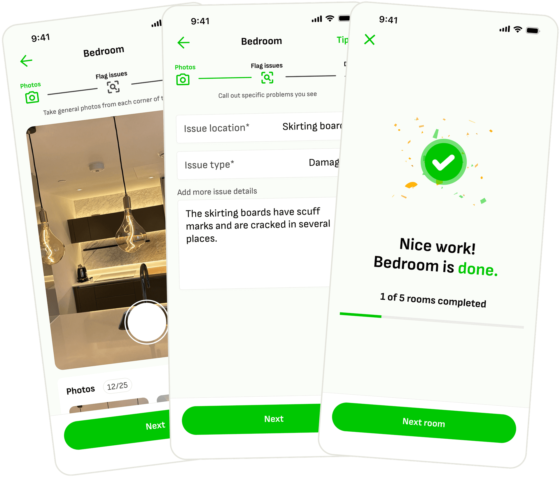 Wooma tenant app screenshots showing room-by-room photo capture, existing damage flagging, and timestamped inventory report generation for deposit protection
