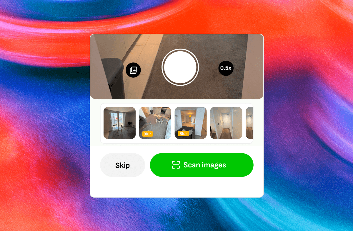 The Wooma camera screen with a strip of captured room photos, two of them flagged with a "Blur" badge, above Skip and Scan images buttons