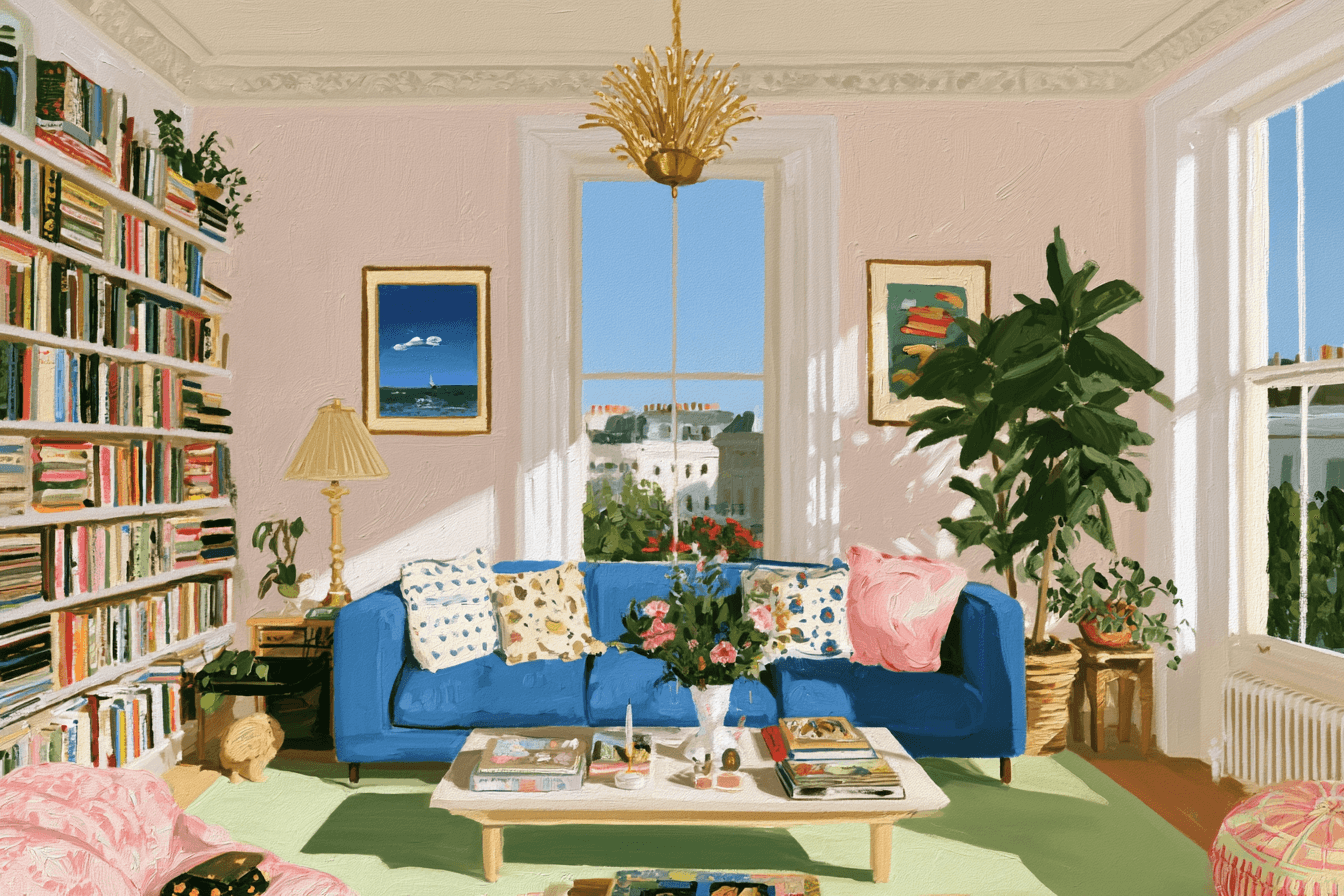 Illustrated painting of a cosy, well-kept living room with bookshelves, plants, and a blue sofa, representing a well looked after rental property at the end of a tenancy