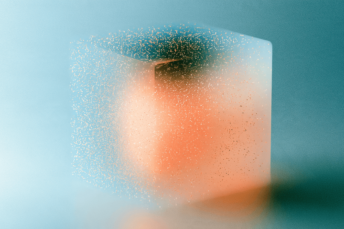 Abstract translucent glass cube with warm orange light and fine floating particles against a teal background, representing the shift AI brings to property management