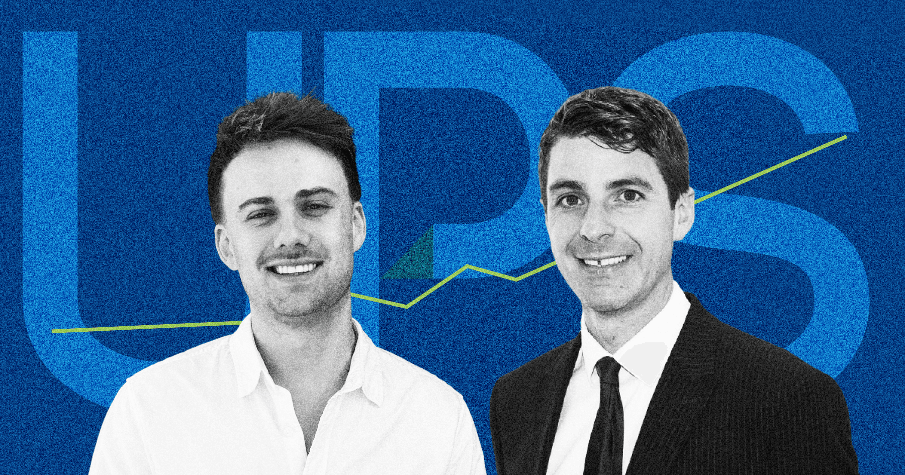 Andrew Haylett and Fraser Mair of UPS Rental Division, in black and white, against a blue background with the UPS logo