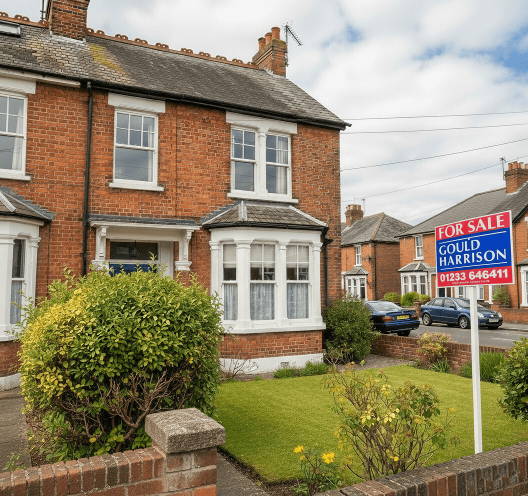 A Gould Harrison For Sale board outside a red-brick Edwardian semi-detached house