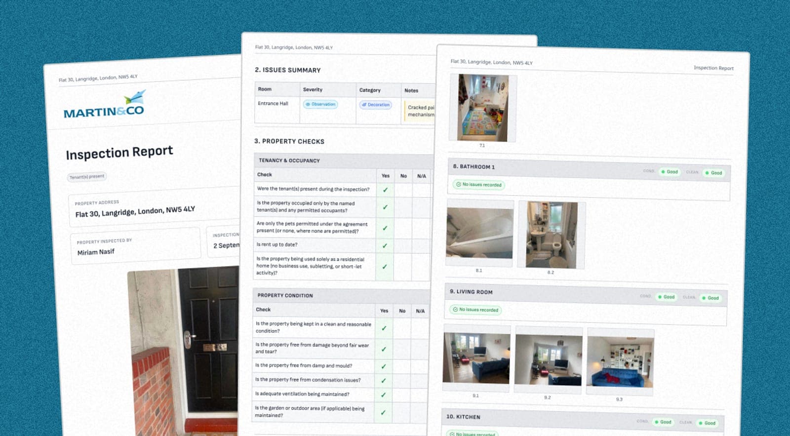 A Martin & Co branded inspection report, generated instantly and ready for landlords to review