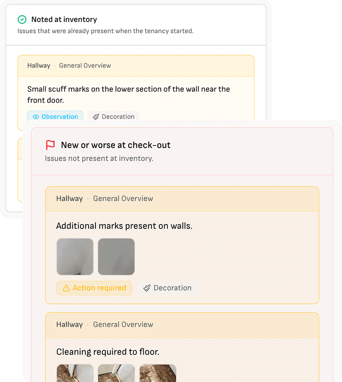 Wooma interface showing issues noted at inventory and new or worse issues flagged at check-out, categorised with severity labels