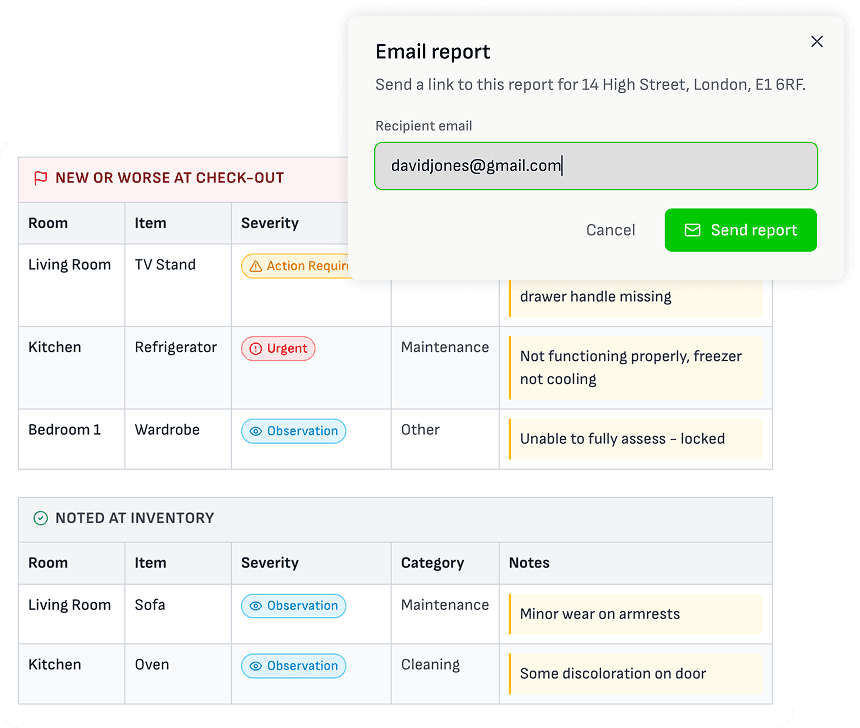 Wooma report table listing new or worse issues found at check-out and issues noted at inventory, with an email report dialog for sharing the report