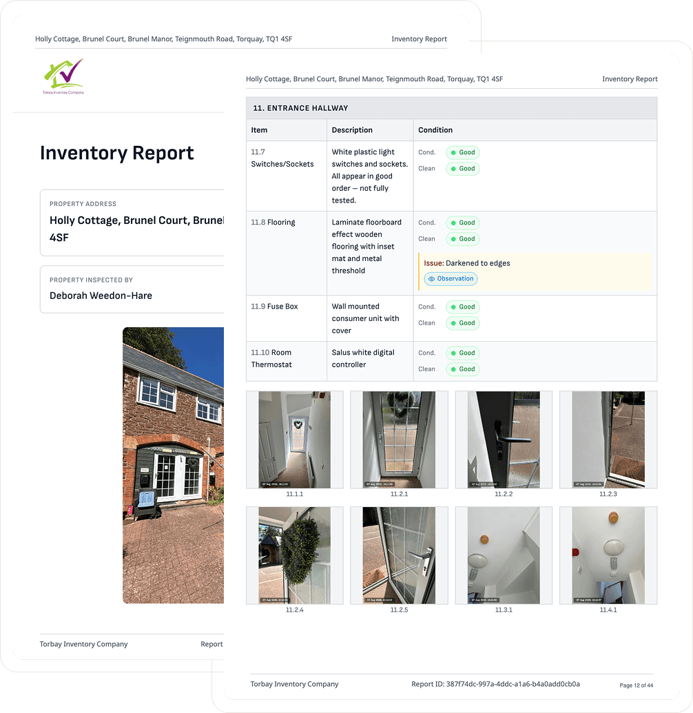 Two overlapping inventory report pages showing consistent formatting, headers, and photo grids