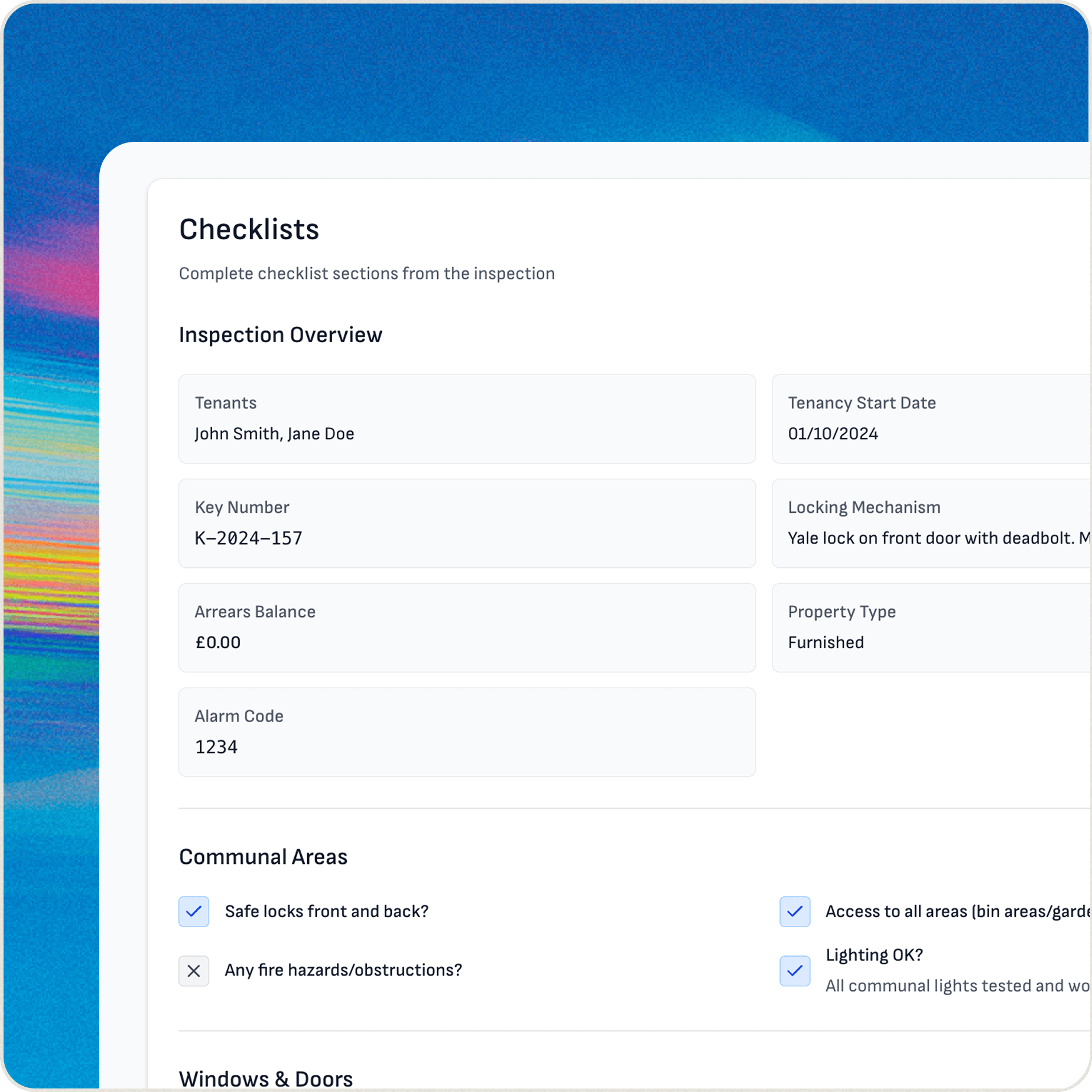 Wooma inspection report showing maintenance issue tracking and compliance status