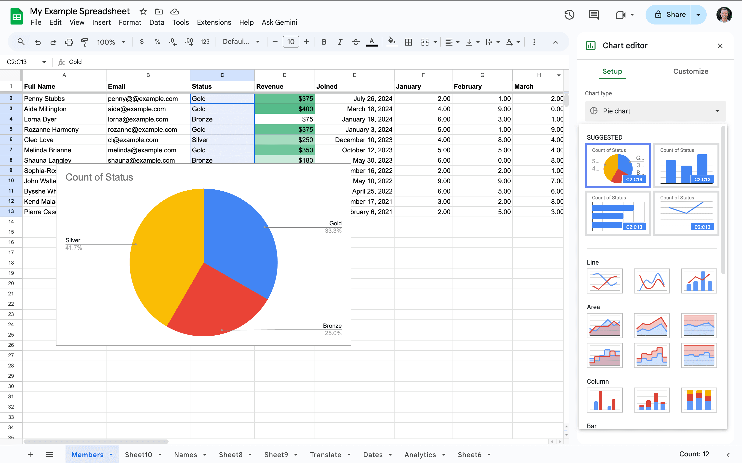 A Google Sheets spreadsheet of member records with the chart editor open, showing a pie chart built from the data
