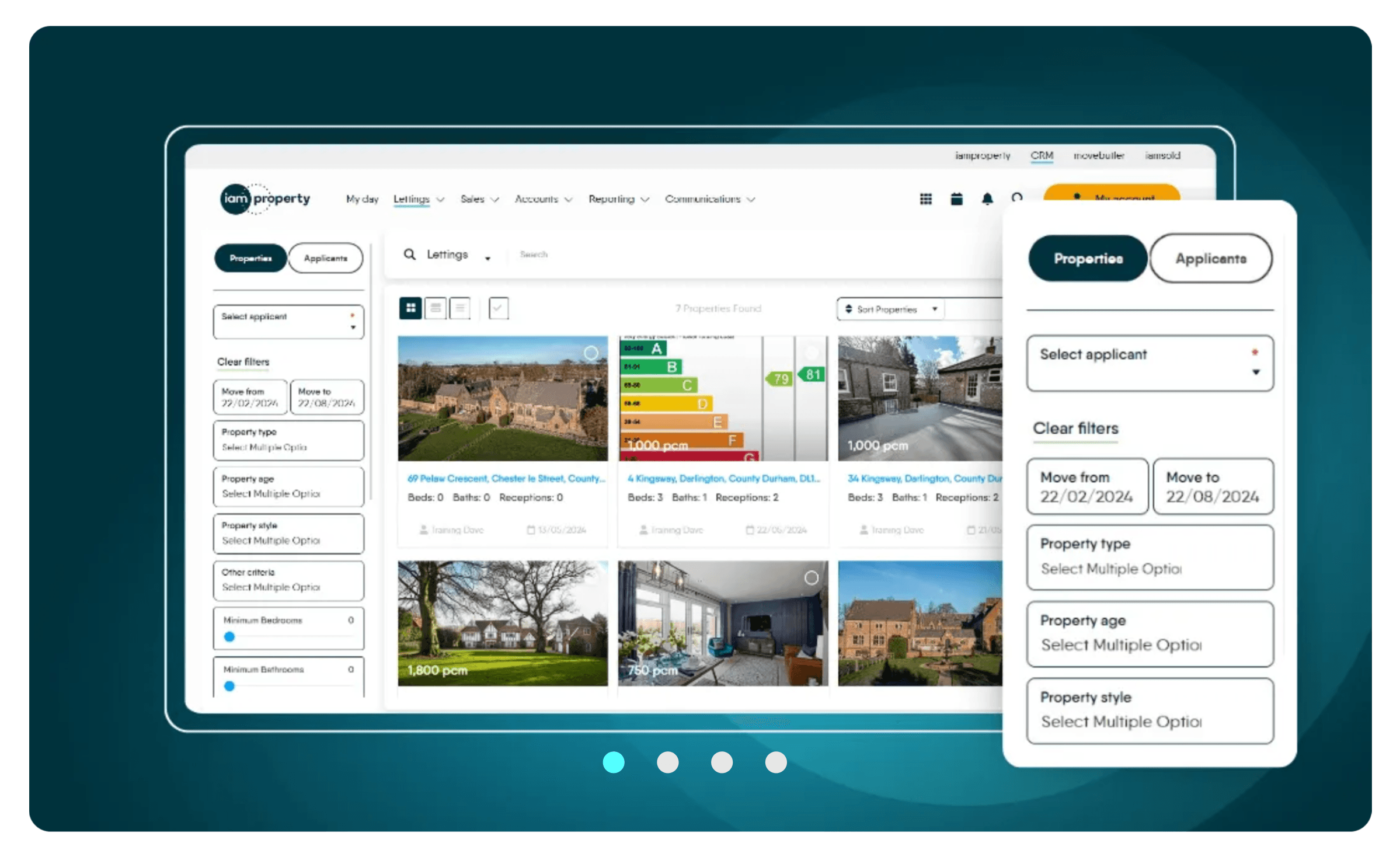 The iamproperty CRM lettings dashboard showing property listings and filters, with a mobile view of the applicant search panel