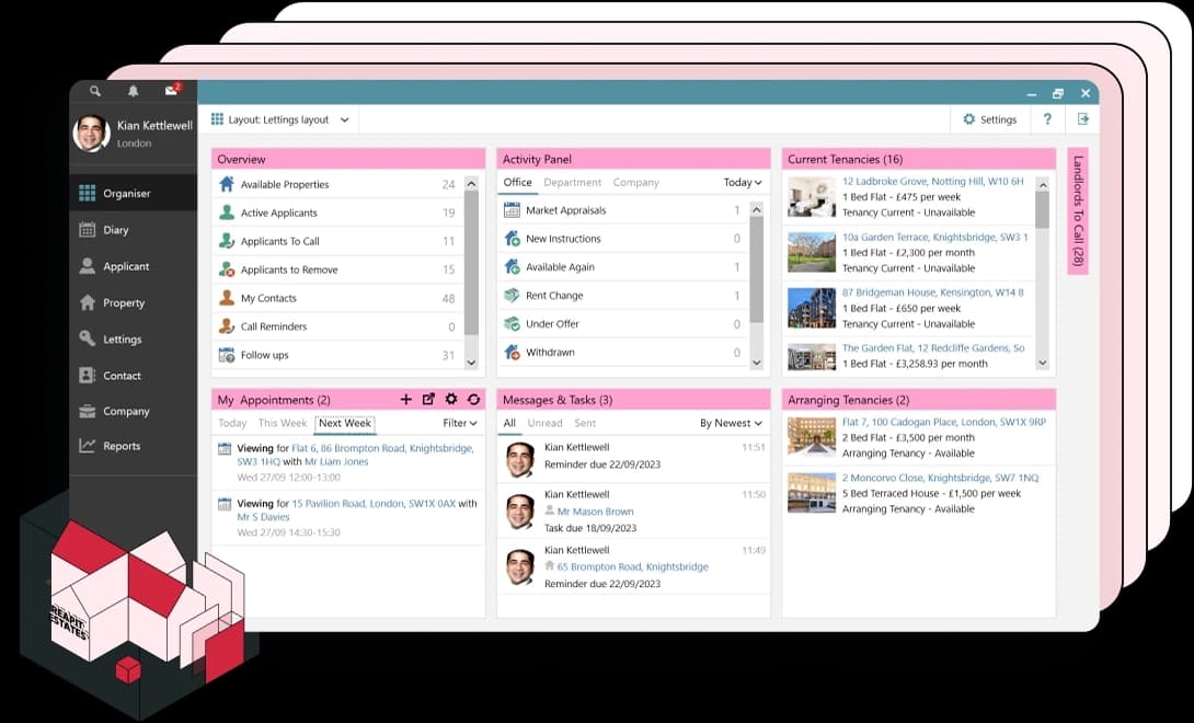 Reapit's Organiser dashboard showing current tenancies, upcoming tenancies, and daily appointments