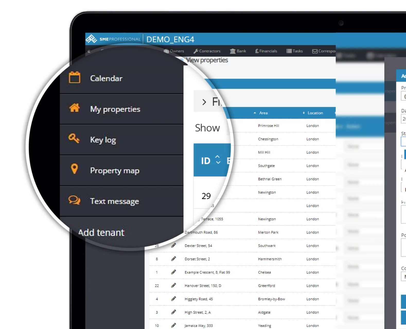 SME Professional's property management dashboard showing a property list and navigation menu with calendar, key log, and property map options