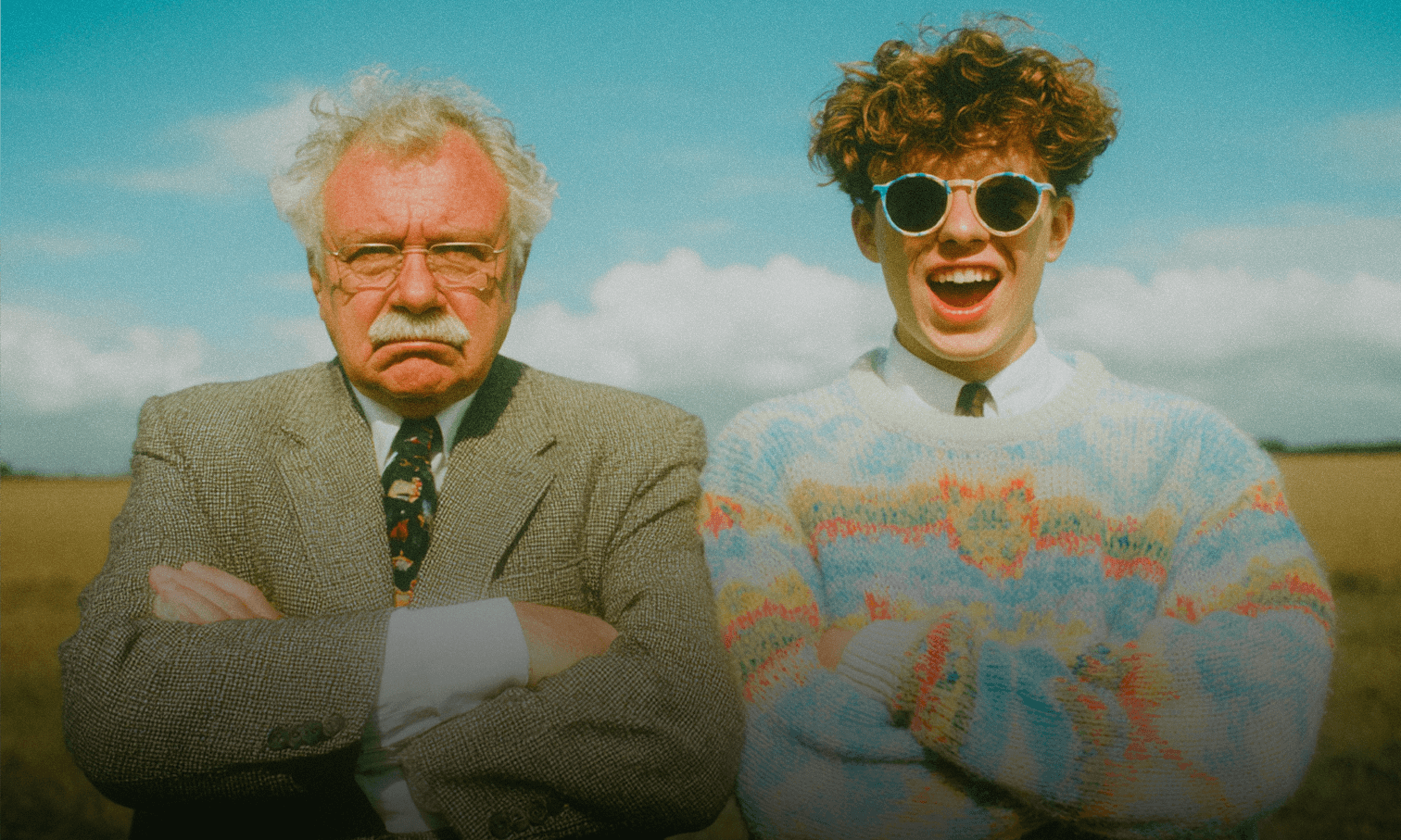 A grumpy landlord and a happy tenant standing side by side outdoors