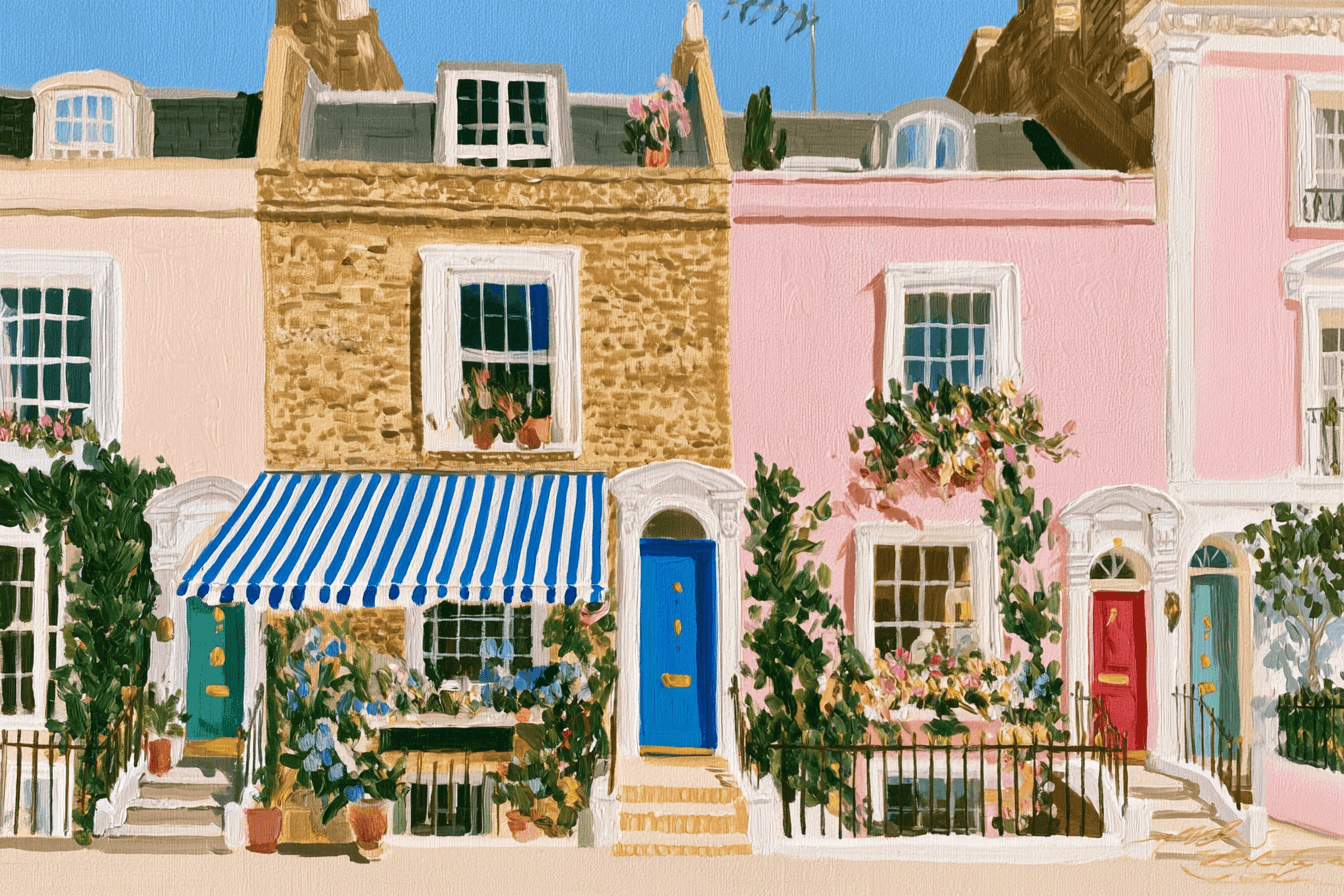 Textured oil painting of a row of colourful London terraced houses, representing property inventory management for letting agents
