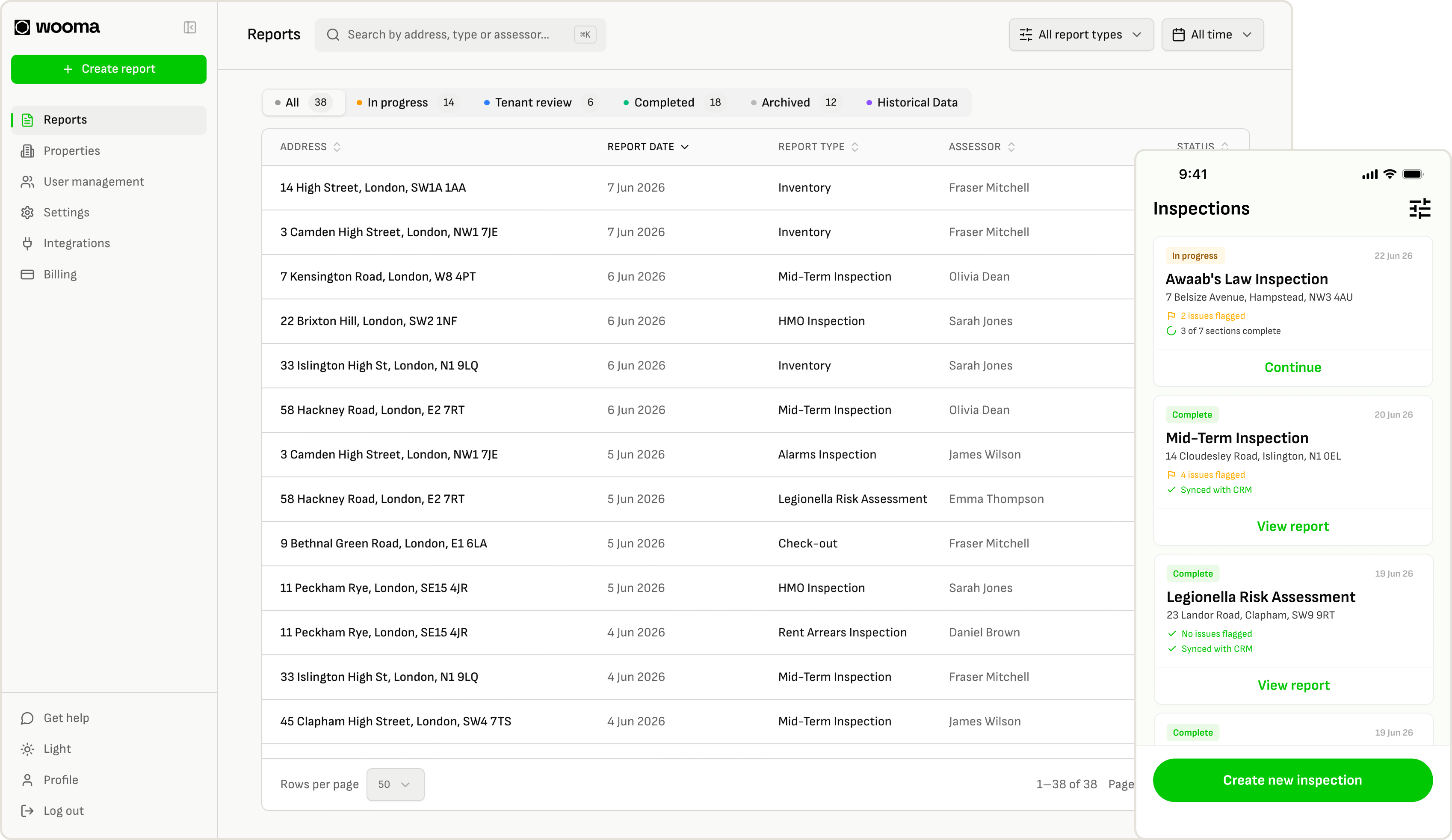 Wooma app showing the reports dashboard on desktop with mobile app screens overlaid