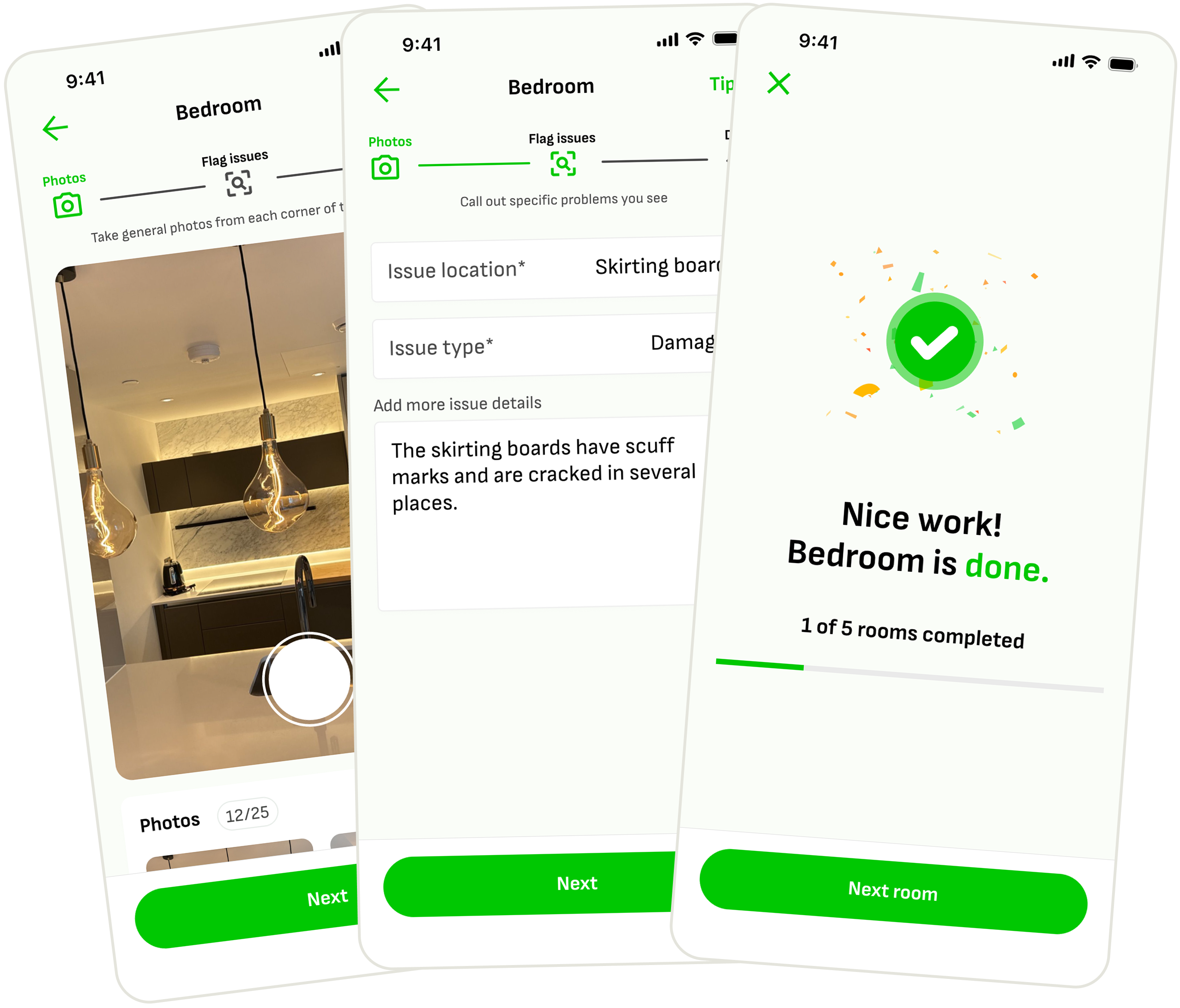 Wooma tenant app screenshots showing room-by-room photo capture, existing damage flagging, and timestamped inventory report generation for deposit protection