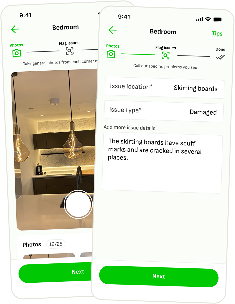Wooma property inventory software app screenshot showing room-by-room check-in, photo capture, and digital signatures on mobile
