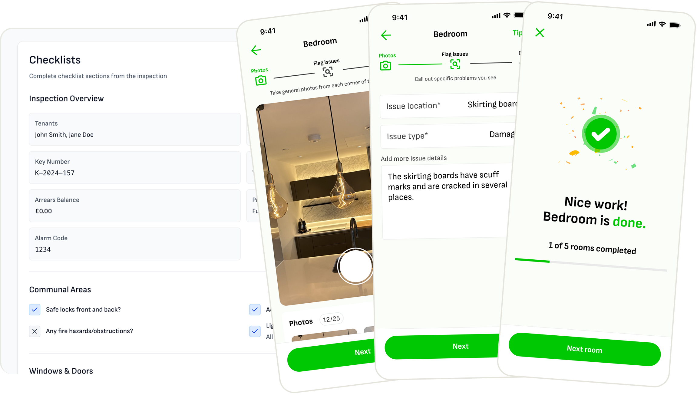 Wooma property inventory software desktop app showing check-in checklists, room condition notes, photo capture, and CRM sync screens