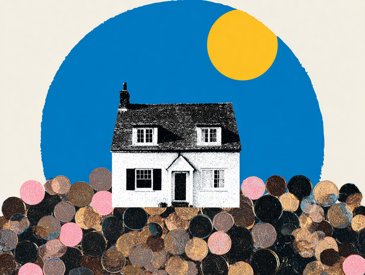 Illustrated house sitting on a pile of coins against a blue sky, representing how to get your deposit back from your landlord
