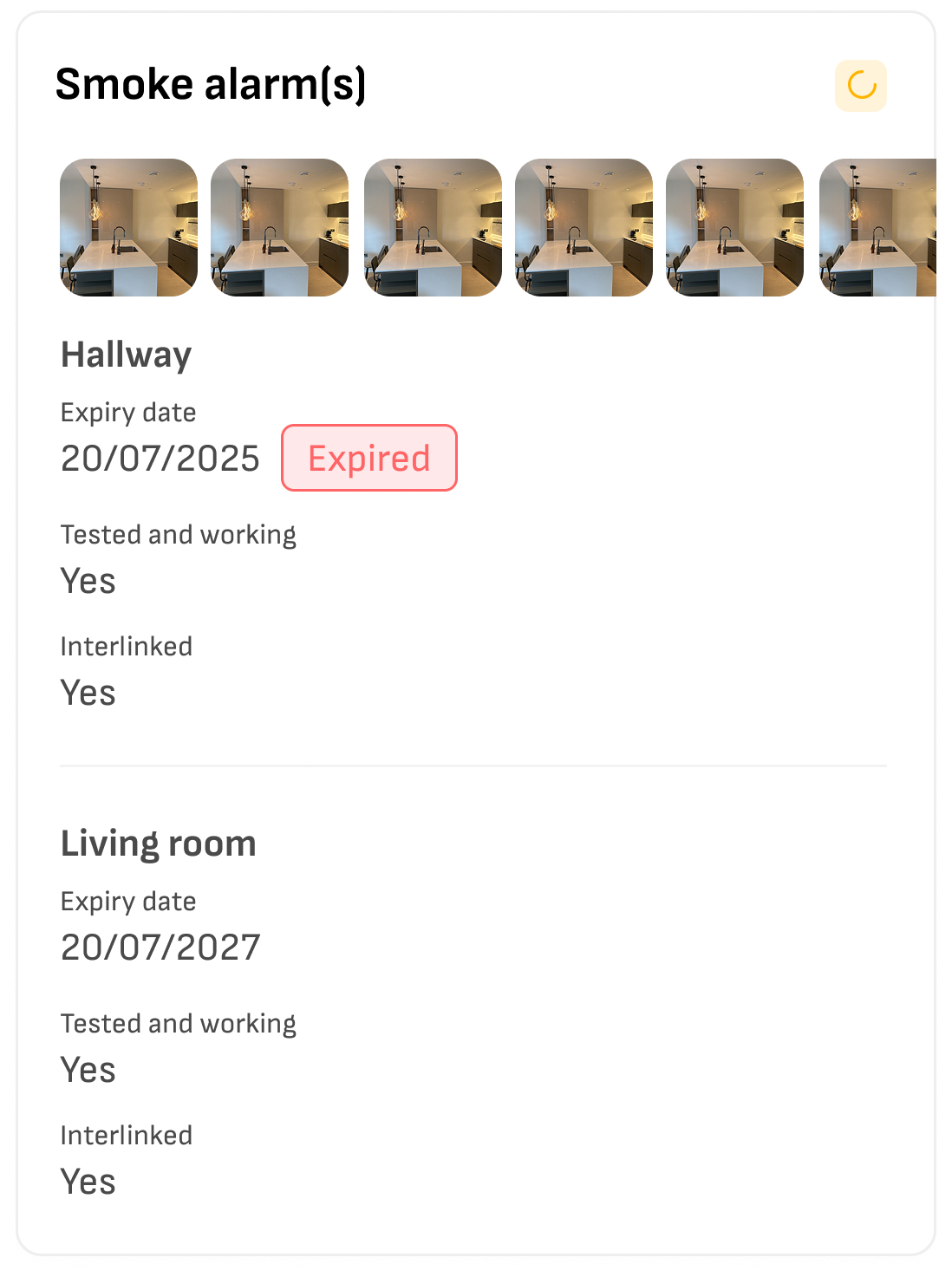 Wooma smoke alarm inspection screen showing Hallway with expired badge and Living room with tested and working status