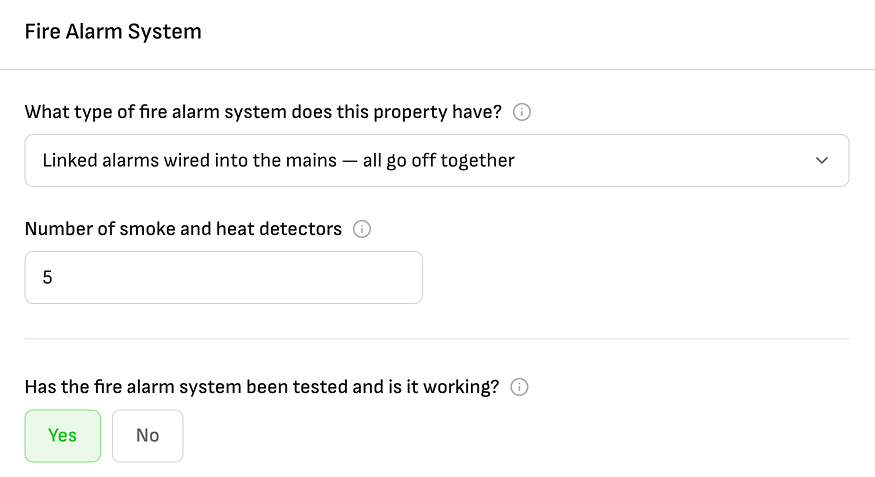 Wooma fire alarm system form showing alarm type dropdown, number of detectors field set to 5, and tested working yes toggle