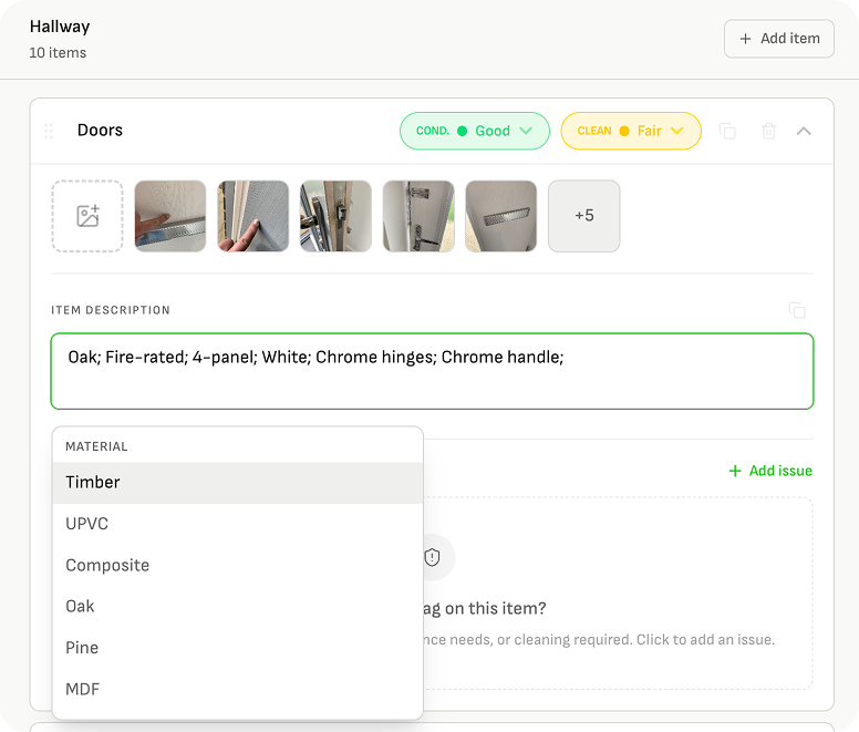 Wooma inventory screen showing a Hallway Doors item with condition badges, photo strip, and material dropdown