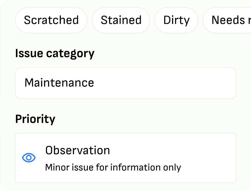 Wooma issue screen showing condition tags, an Issue category field set to Maintenance, and a Priority picker with Observation selected