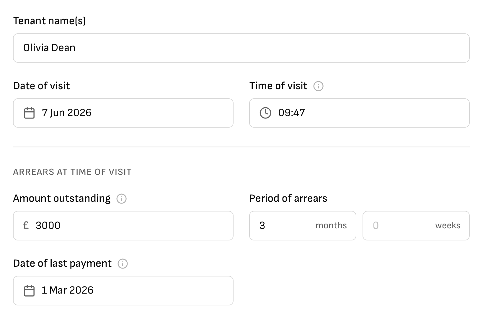 Wooma rent arrears visit form showing tenant name Olivia Dean, date and time of visit, amount outstanding of £3000, period of 3 months, and date of last payment
