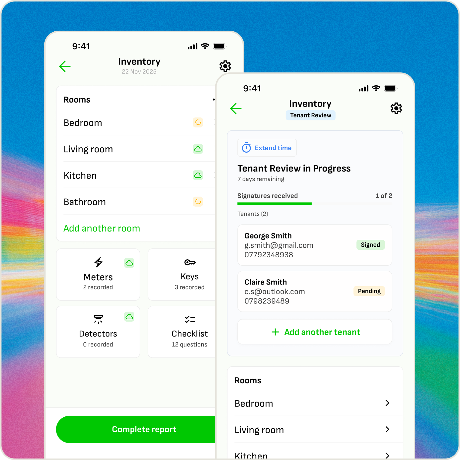 Wooma check-in inventory report showing room condition notes, timestamped photos, and tenant sign-off
