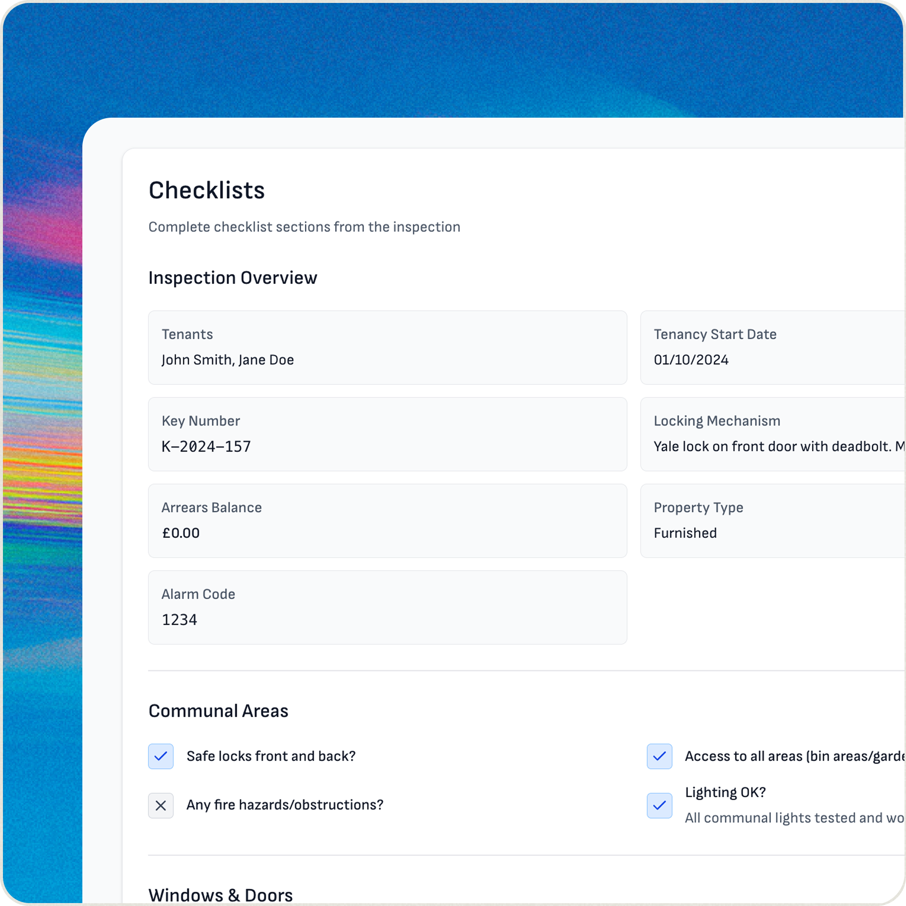 Wooma inspection report showing maintenance issue tracking and compliance status