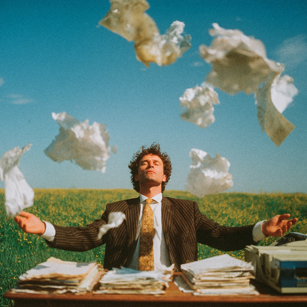 Person relaxing outdoors next to a large stack of paperwork — illustrating how Wooma property inventory software removes the admin burden