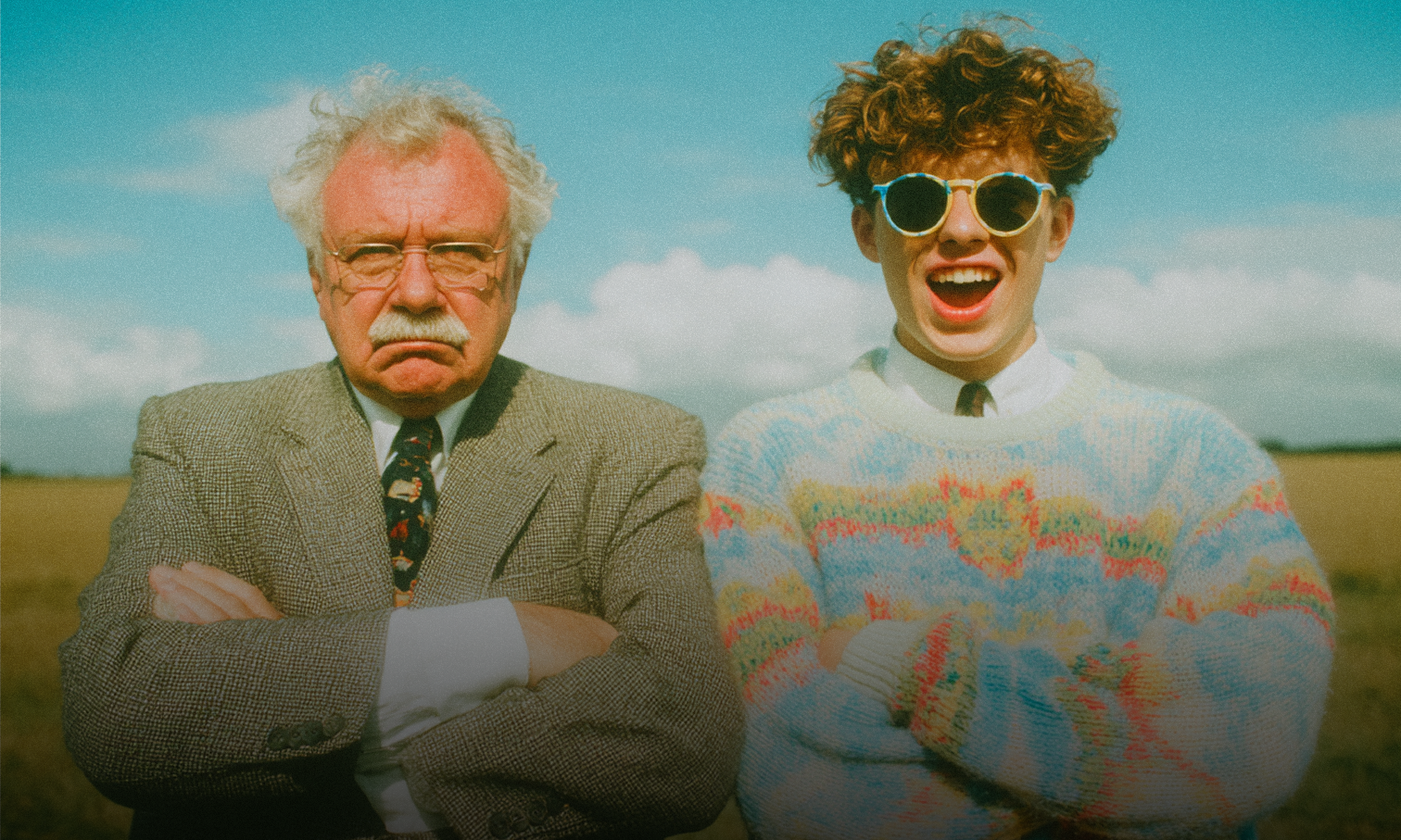 A grumpy landlord and a happy tenant standing side by side outdoors