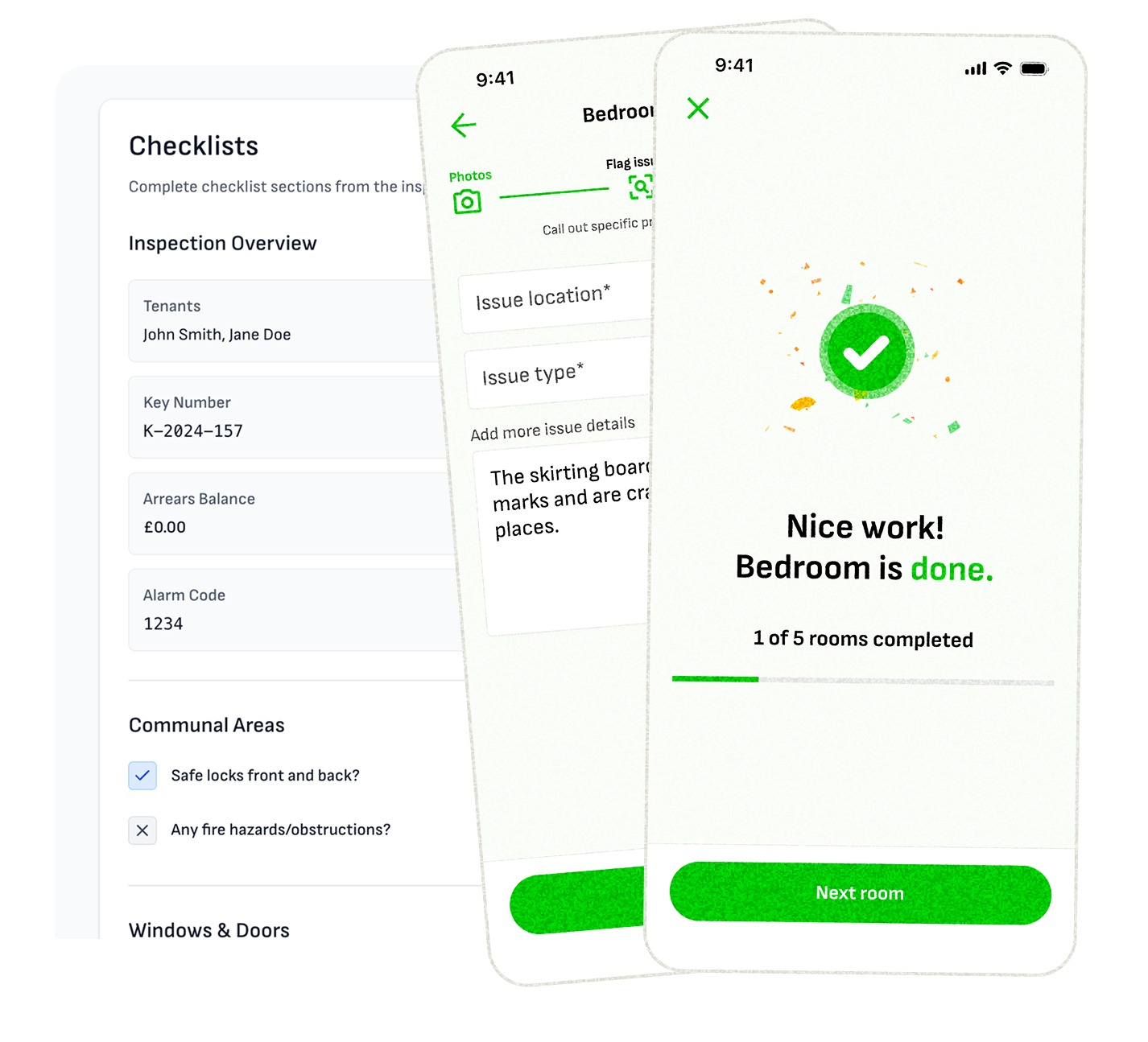 Wooma property inventory app showing checklists, room inspections and issue flagging on mobile